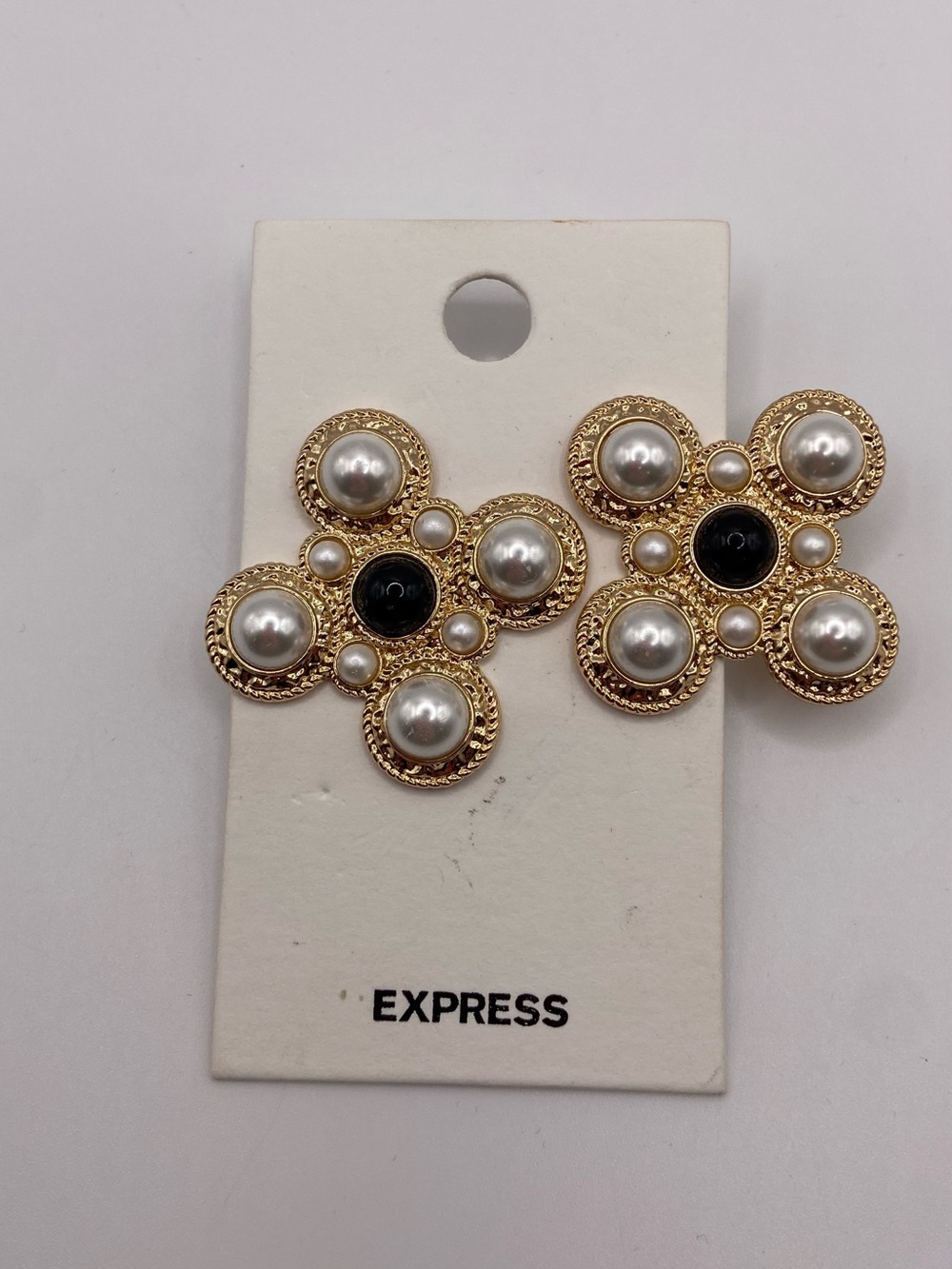 Express Gold Pearl Cluster Earrings with Black Center